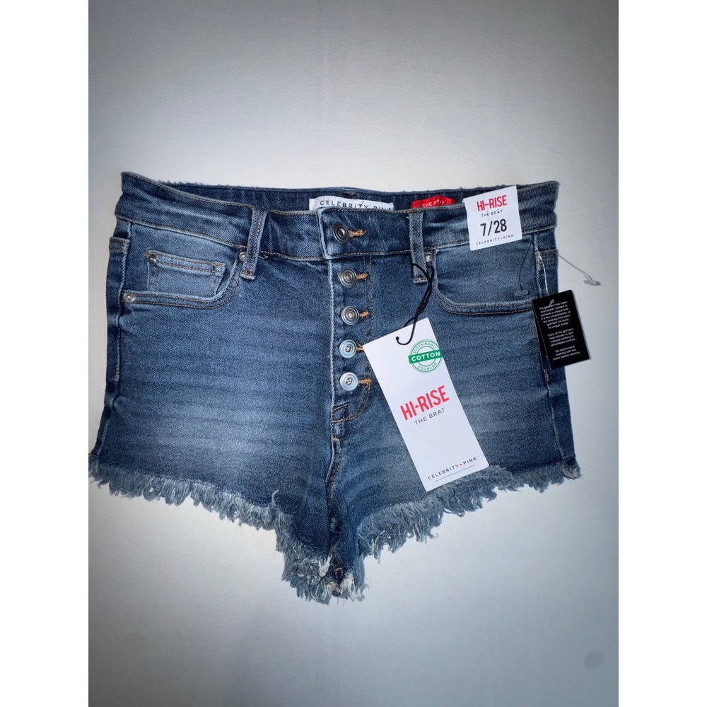 Celebrity Pink The Brat Hi-Rise Denim Shorts Button Fly‎ Frayed Hem Blue 7/28